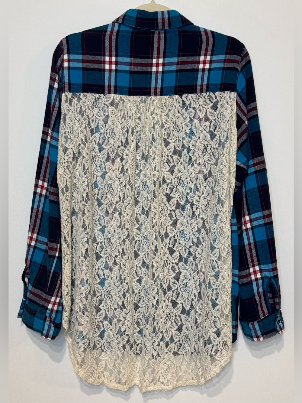 Hint of Mint Women's Blue Plaid Button Down Shirt with Cream Lace Back Size XL
